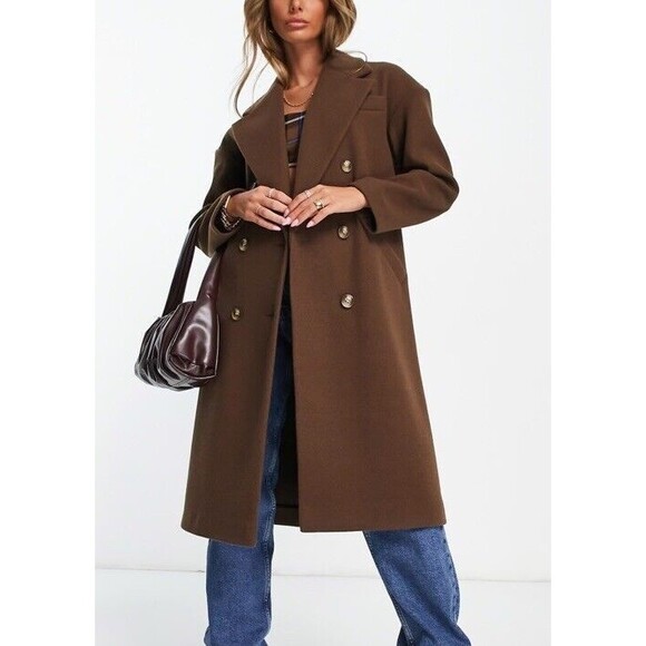 Topshop Jackets & Blazers - TOPSHOP Double Breasted Long Coat Chocolate Brown Unlined Women